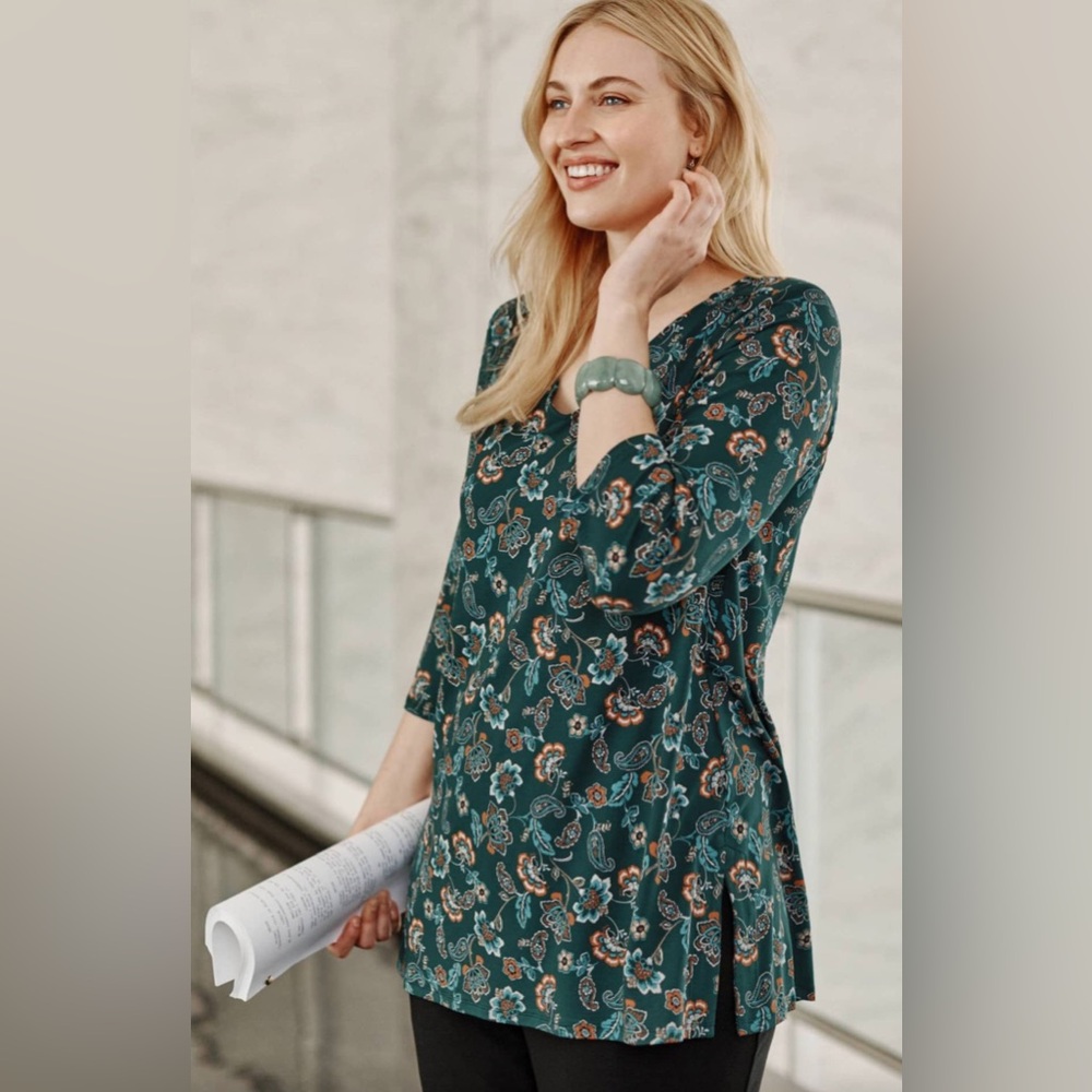 J. Jill Dark Green Floral Paisley A-line Tunic with 3/4 sleeves